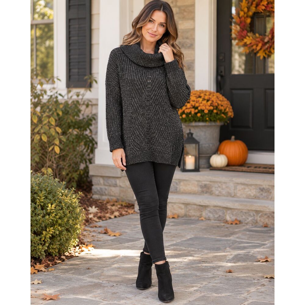 Time and Tru Women’s L Black Gray Marled Chunky Knit Cowl Neck Sweater 12-14